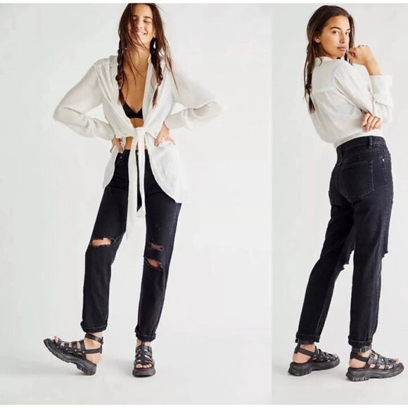 Free People Bren High Rise Cuffed Distressed Boyfriend Jeans 27 HAND PAINTED - Picture 3 of 16